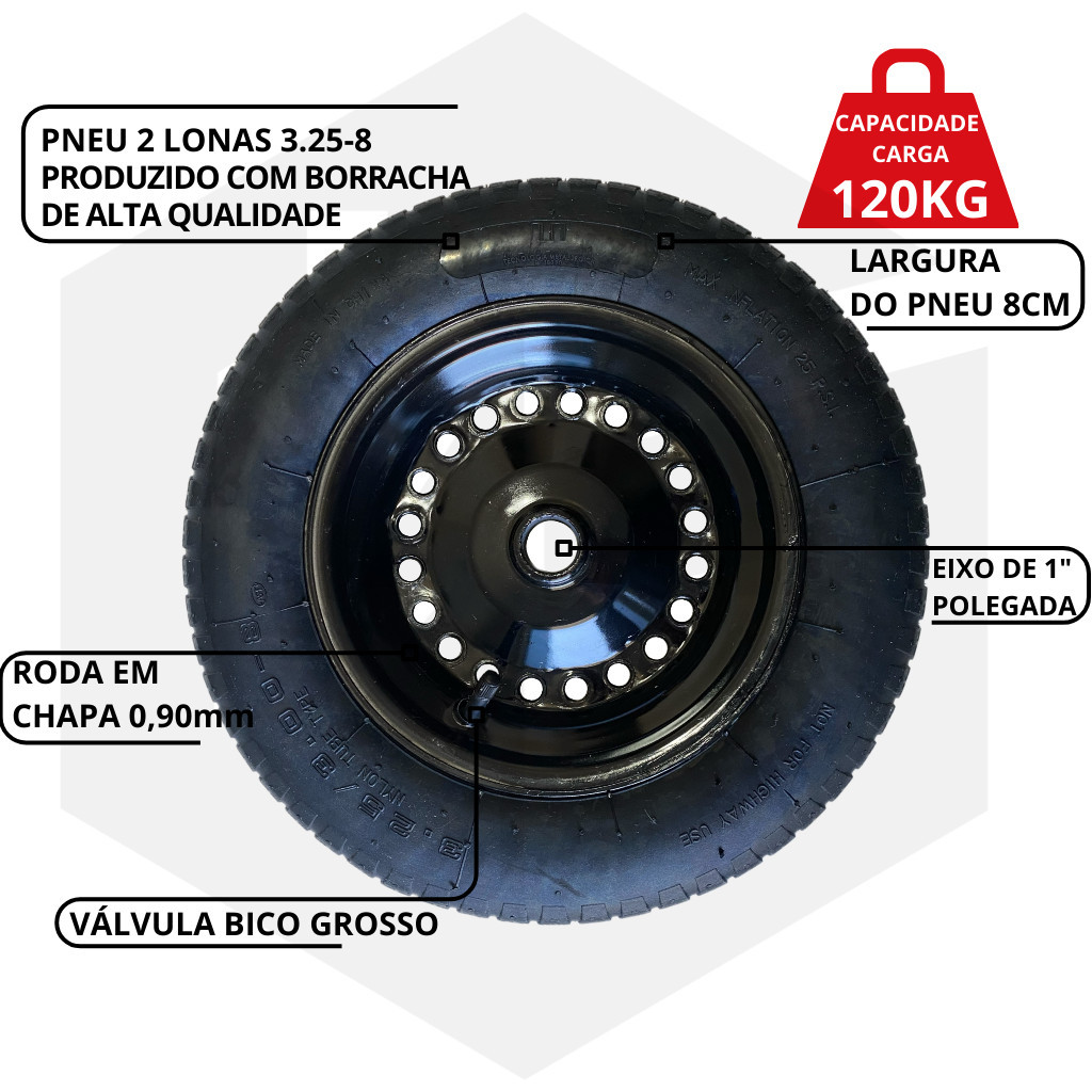 Roda com Pneu E Câmara para Carrinho De Mão Reforçado 3,25x8 Pintada com Tinta Epóxi Preta - Imagem 3